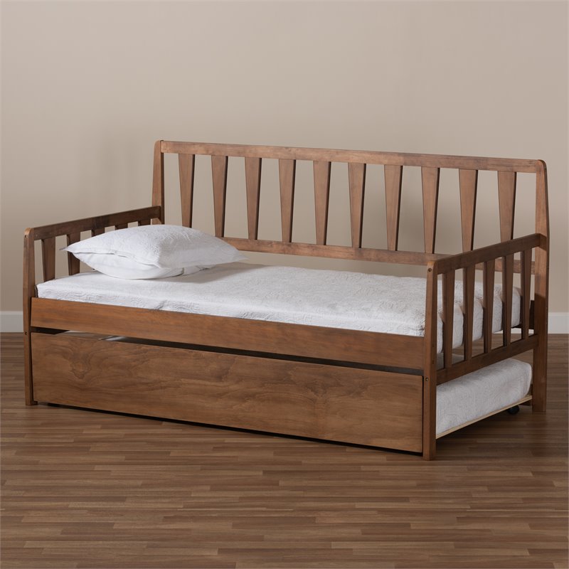 Bowery Hill Walnut Finished Wood Twin Size Daybed with Roll-Out Trundle