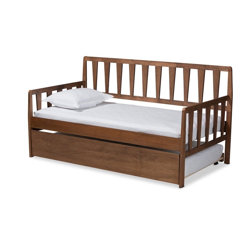 Bowery Hill Walnut Finished Wood Twin Size Daybed with Roll-Out Trundle