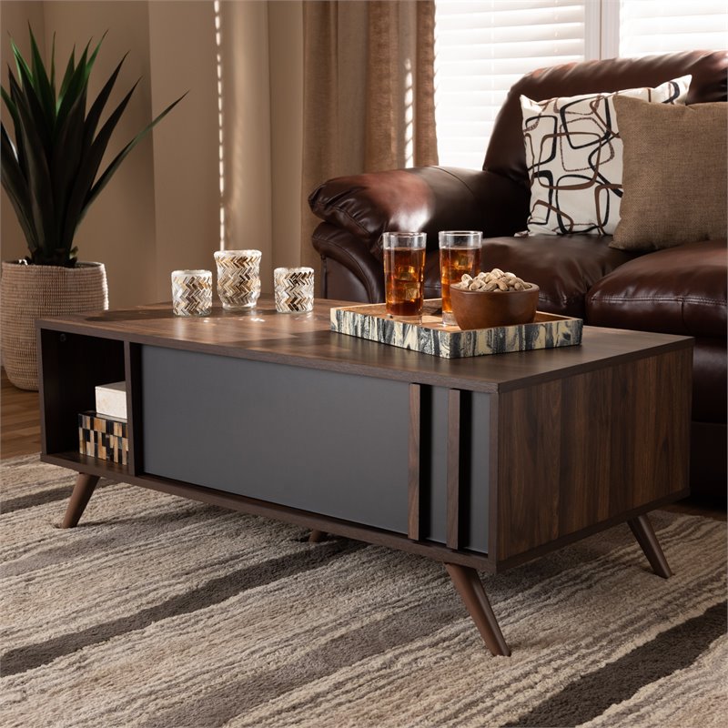 Bowery Hill Modern Two-Tone Gray and Walnut Finished Wood 1-Drawer Coffee Table
