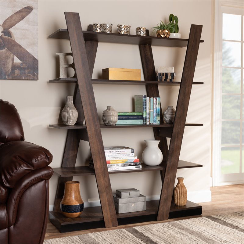 Bowery Hill Modern Walnut Brown Finished 5-Tier Wood Geometric Display Shelf