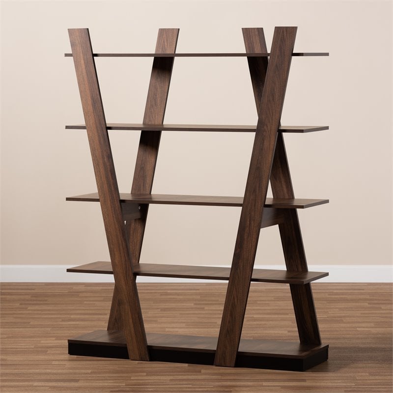 Bowery Hill Modern Walnut Brown Finished 5-Tier Wood Geometric Display Shelf