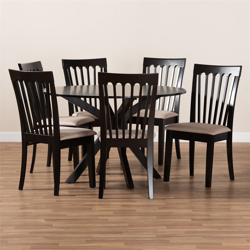 Bowery Hill Sand Fabric Upholstered Wood 7-Piece Dining Set