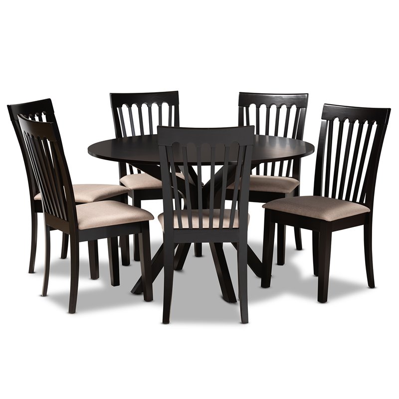 Bowery Hill Sand Fabric Upholstered Wood 7-Piece Dining Set