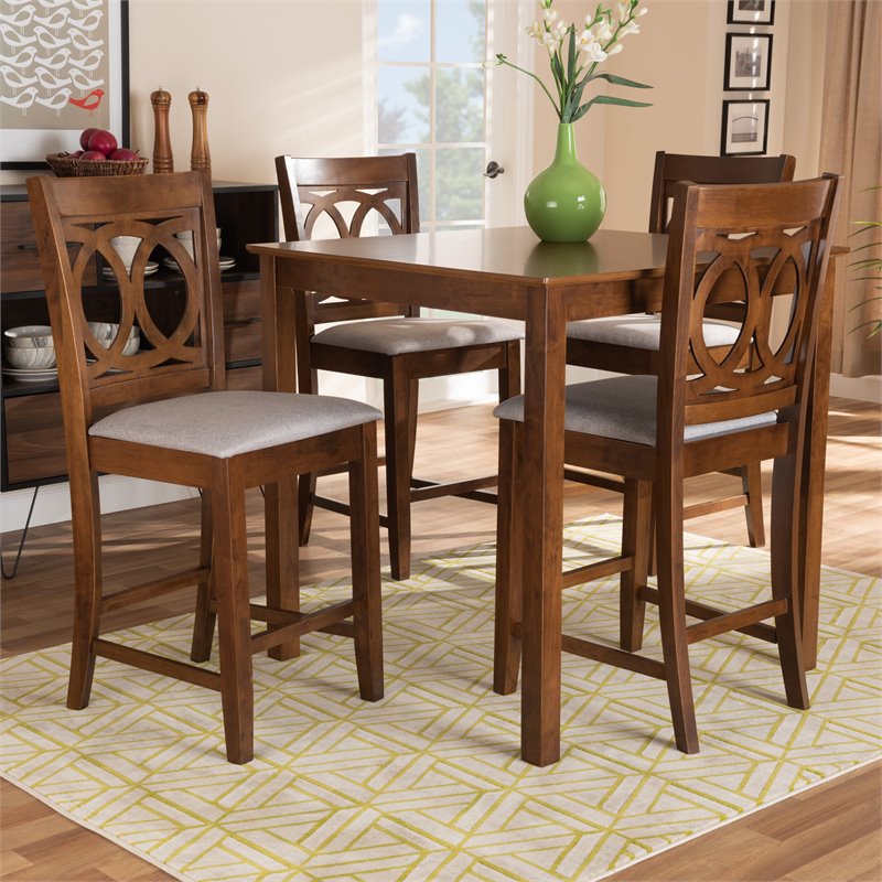 Bowery Hill Gray Upholstered Walnut Finished 5-Piece Wood Pub Set