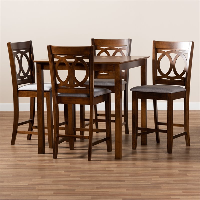 Bowery Hill Gray Upholstered Walnut Finished 5-Piece Wood Pub Set
