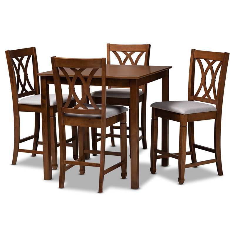 Bowery Hill Gray Upholstered Walnut Finished 5-Piece Wood Pub Set