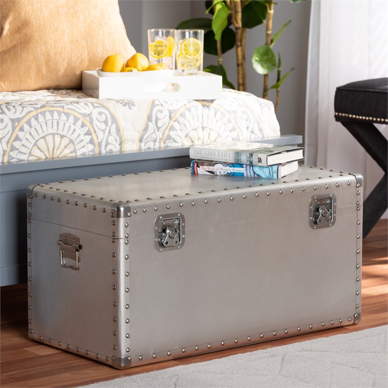 Bowery Hill Mid-Century Metal and Wood Storage Trunk in Silver