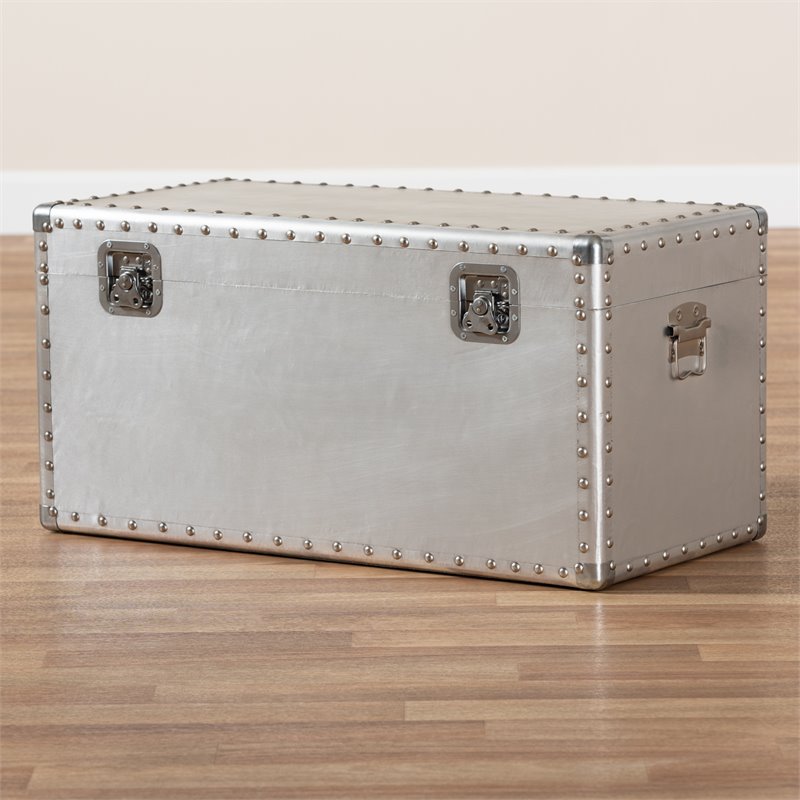 Bowery Hill Mid-Century Metal and Wood Storage Trunk in Silver