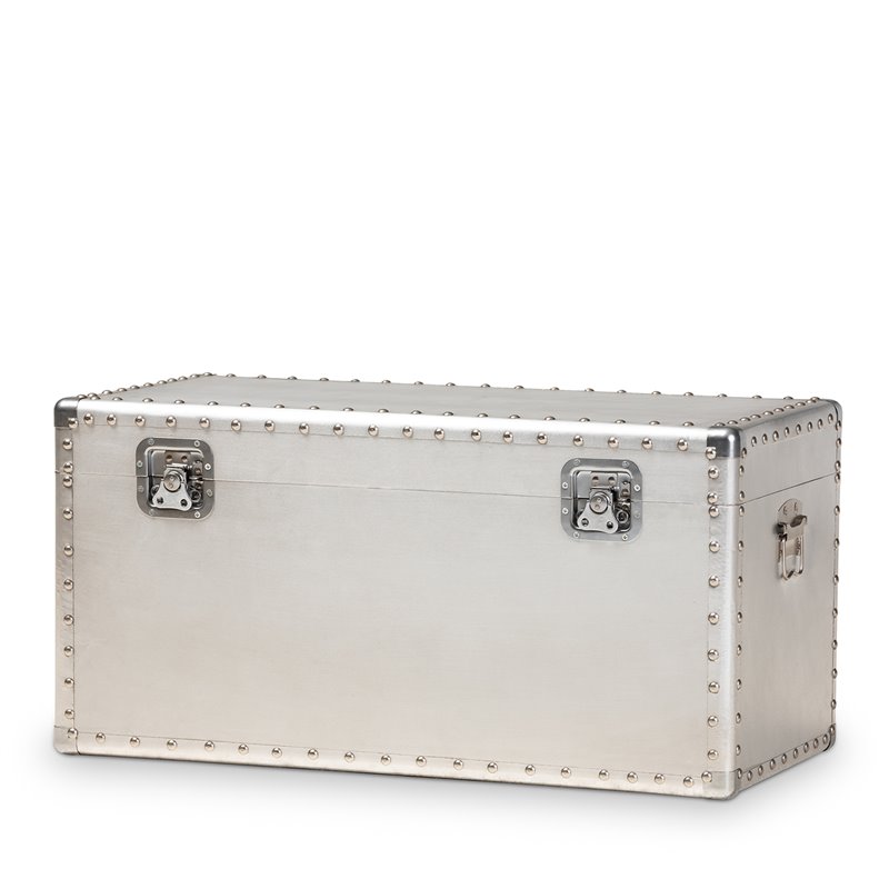 Bowery Hill Mid-Century Metal and Wood Storage Trunk in Silver