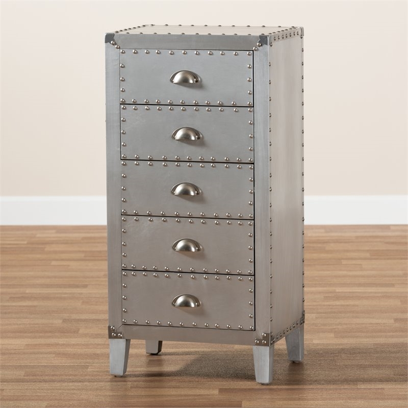 Bowery Hill Mid-Century 5-Drawer Wood/Metal Accent Chest in Silver