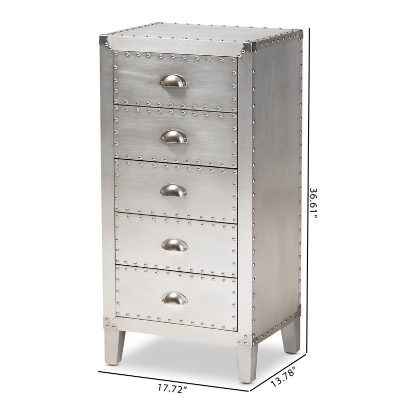 Bowery Hill Mid-Century 5-Drawer Wood/Metal Accent Chest in Silver