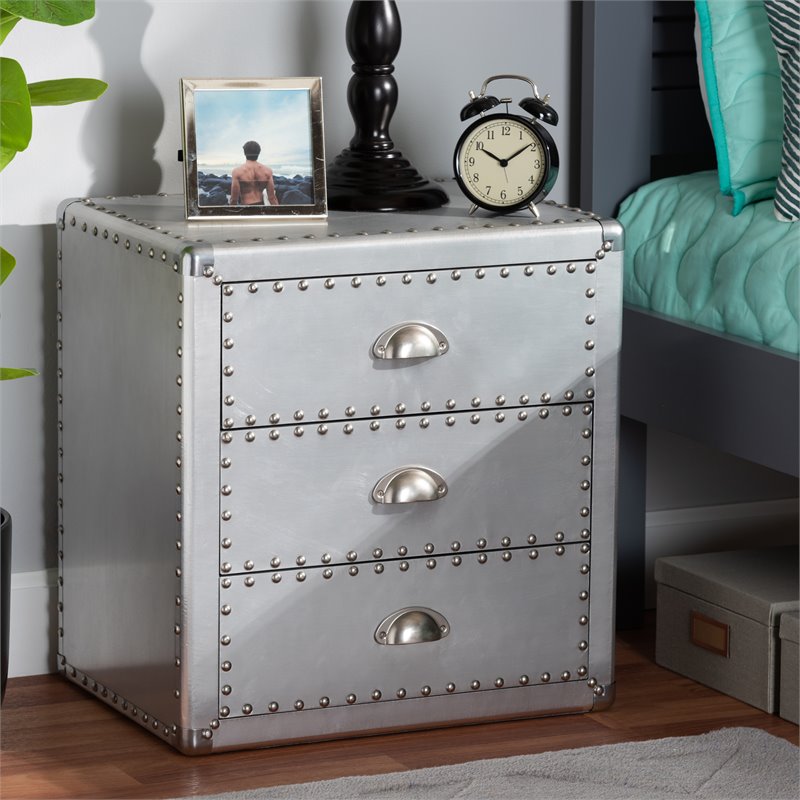 Bowery Hill Metal Contemporary 3-Drawer Nightstand in Silver