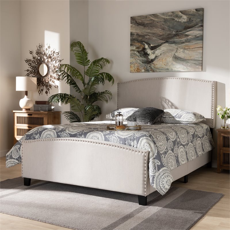 Bowery Hill Transitional King Size Beige Upholstered Panel Bed