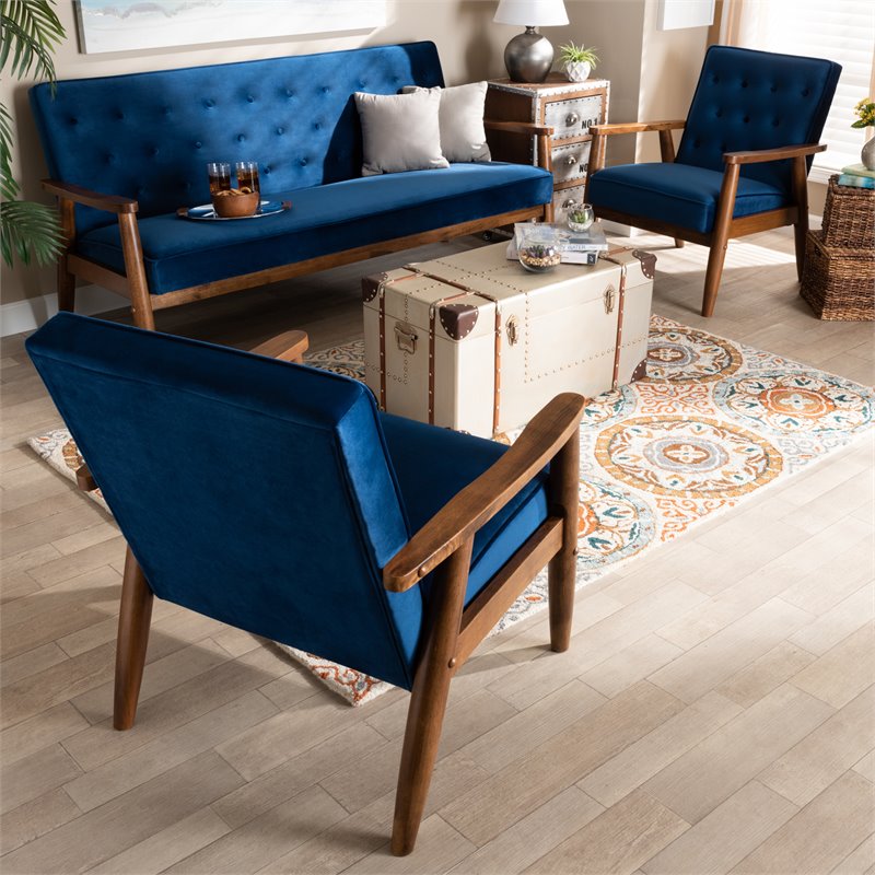 Bowery Hill Navy Blue Velvet 3-Piece Living Room Set