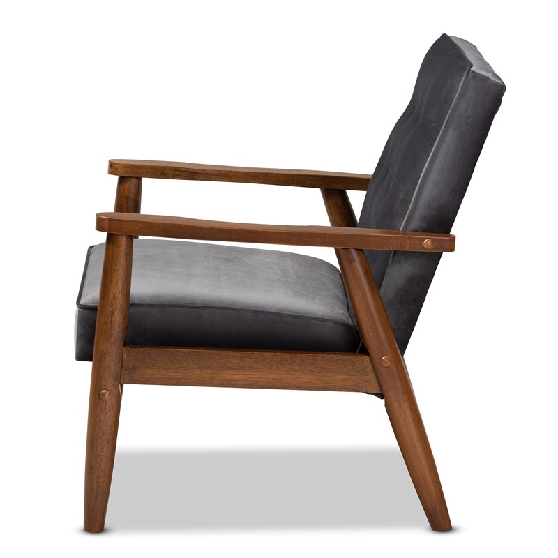Bowery Hill Mid-Century Grey Velvet Upholstered Wood Lounge Chair