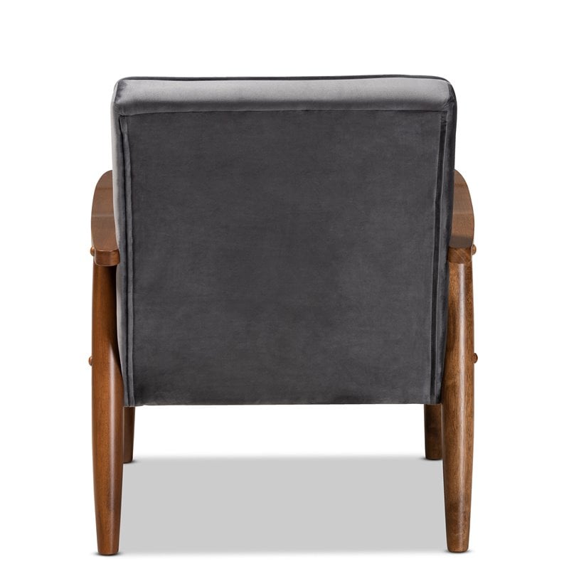 Bowery Hill Mid-Century Grey Velvet Upholstered Wood Lounge Chair