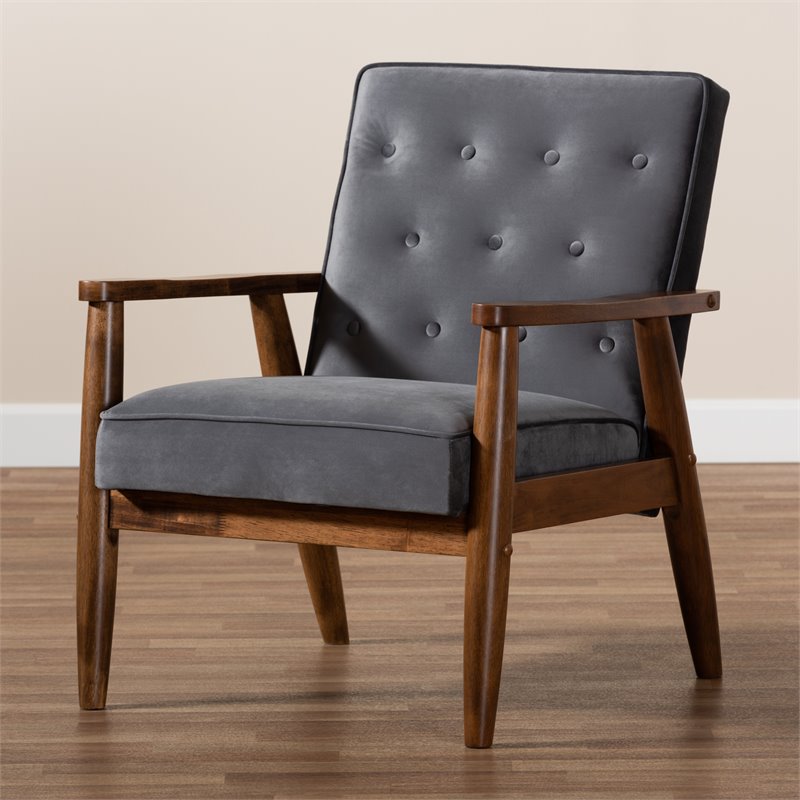 Bowery Hill Mid-Century Grey Velvet Upholstered Wood Lounge Chair