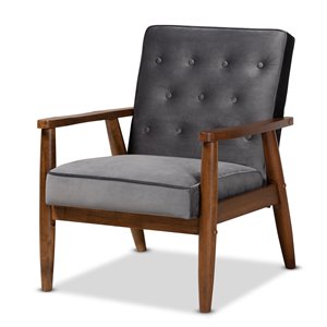 bowery hill mid-century grey velvet upholstered wood lounge chair