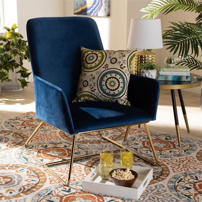 Bowery Hill Navy Blue Velvet Upholstered Gold Armchair