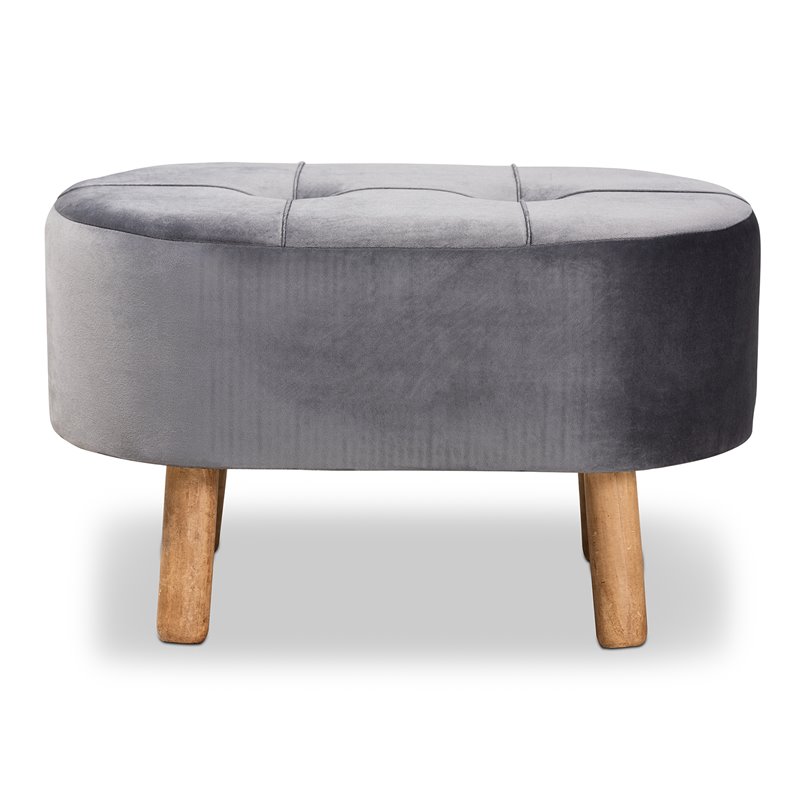 Bowery Hill Grey Velvet Fabric Upholstered Wood Ottoman