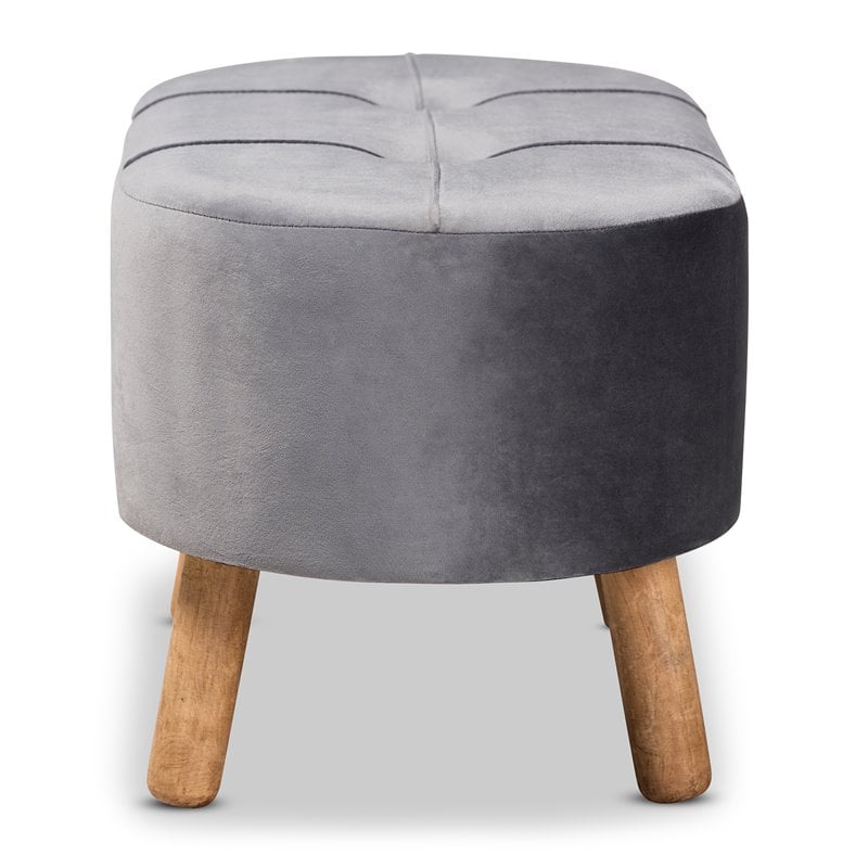 Bowery Hill Grey Velvet Fabric Upholstered Wood Ottoman