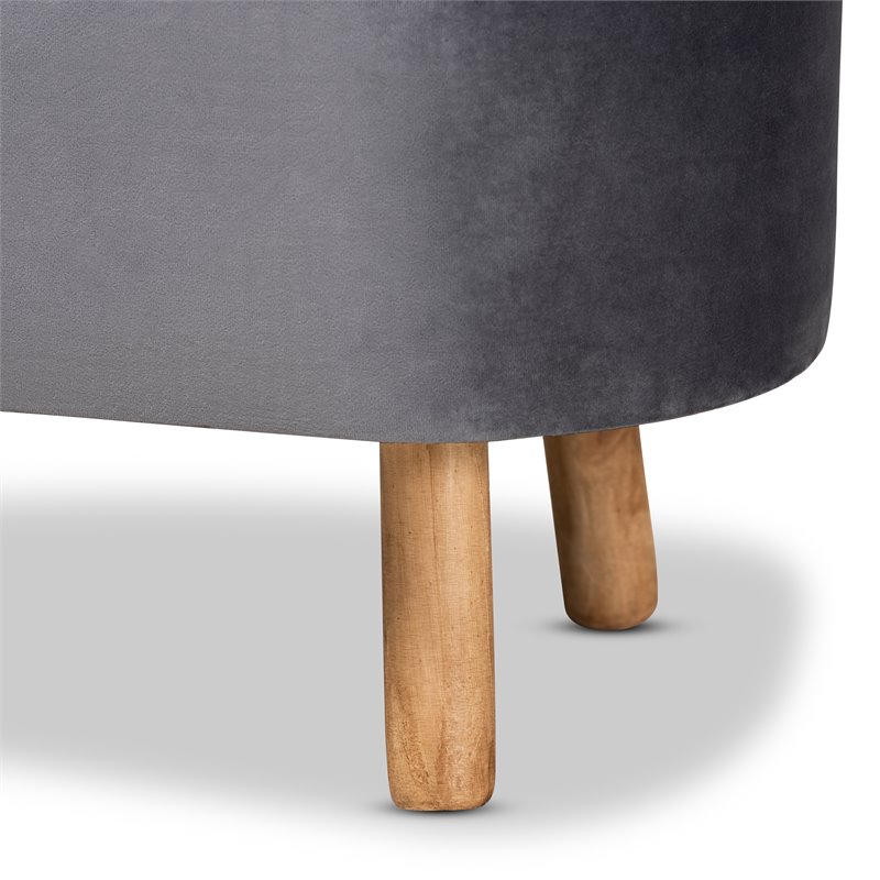 Bowery Hill Grey Velvet Fabric Upholstered Wood Ottoman
