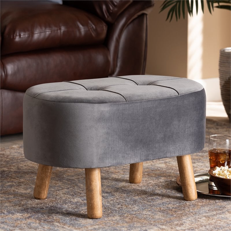 Bowery Hill Grey Velvet Fabric Upholstered Wood Ottoman