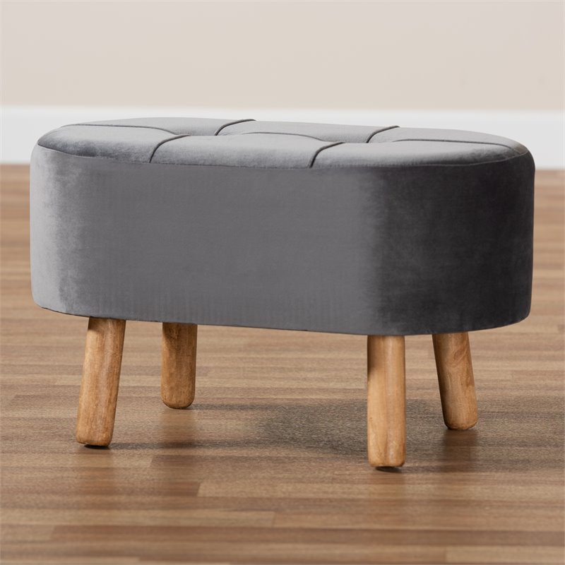 Bowery Hill Grey Velvet Fabric Upholstered Wood Ottoman