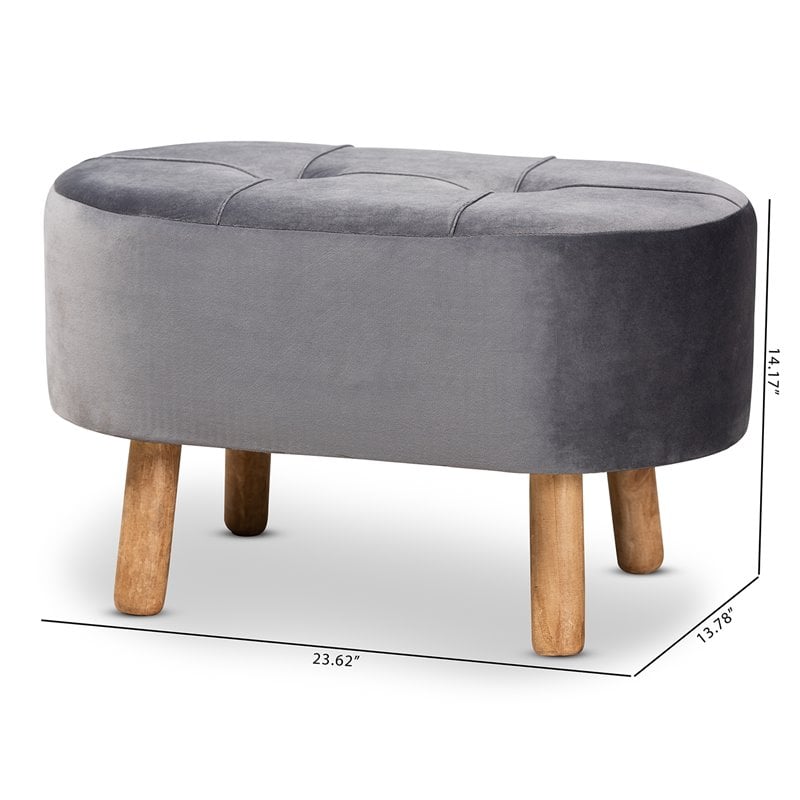 Bowery Hill Grey Velvet Fabric Upholstered Wood Ottoman