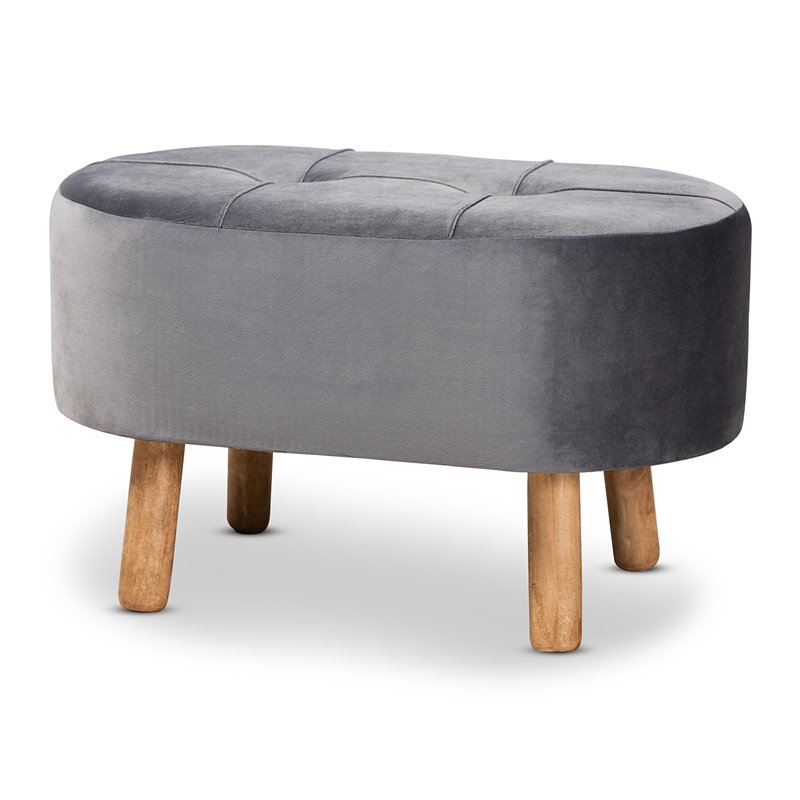 Bowery Hill Grey Velvet Fabric Upholstered Wood Ottoman