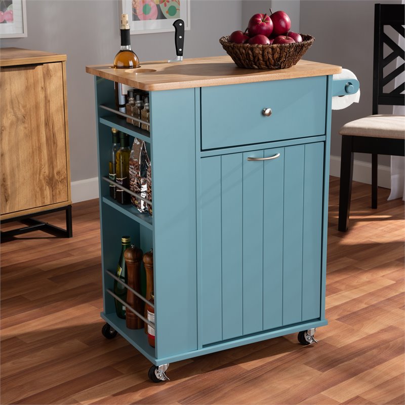 Bowery Hill Sky Blue Finished Wood Kitchen Storage Cart