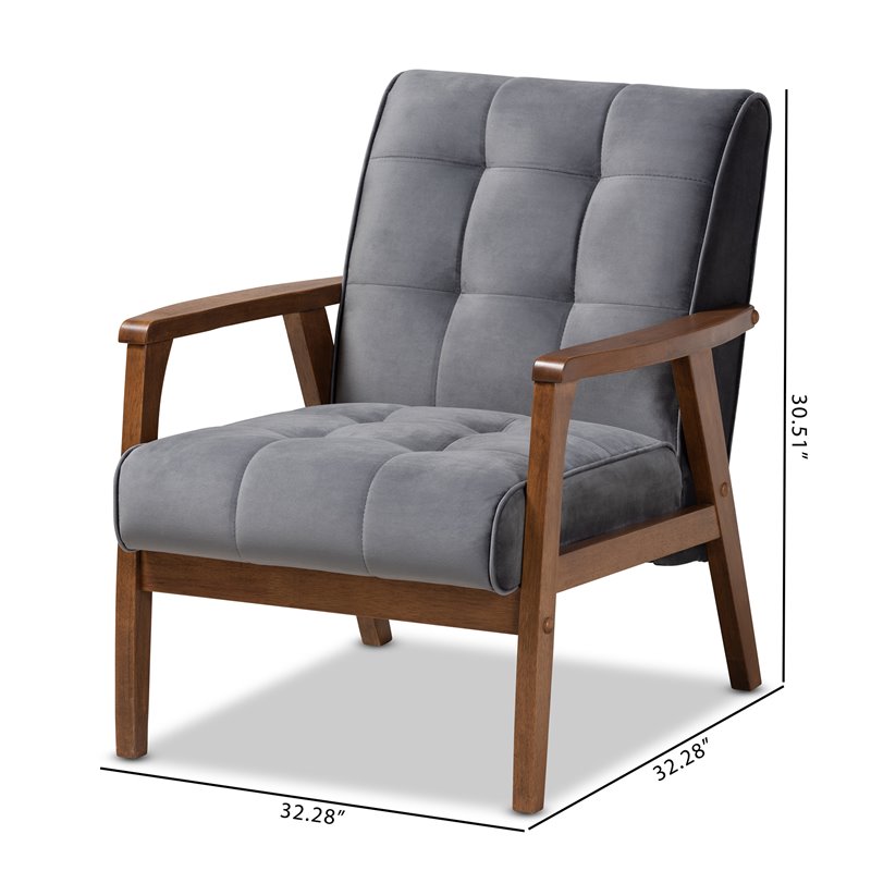 Bowery Hill Grey Velvet Upholstered Walnut Wood Armchair