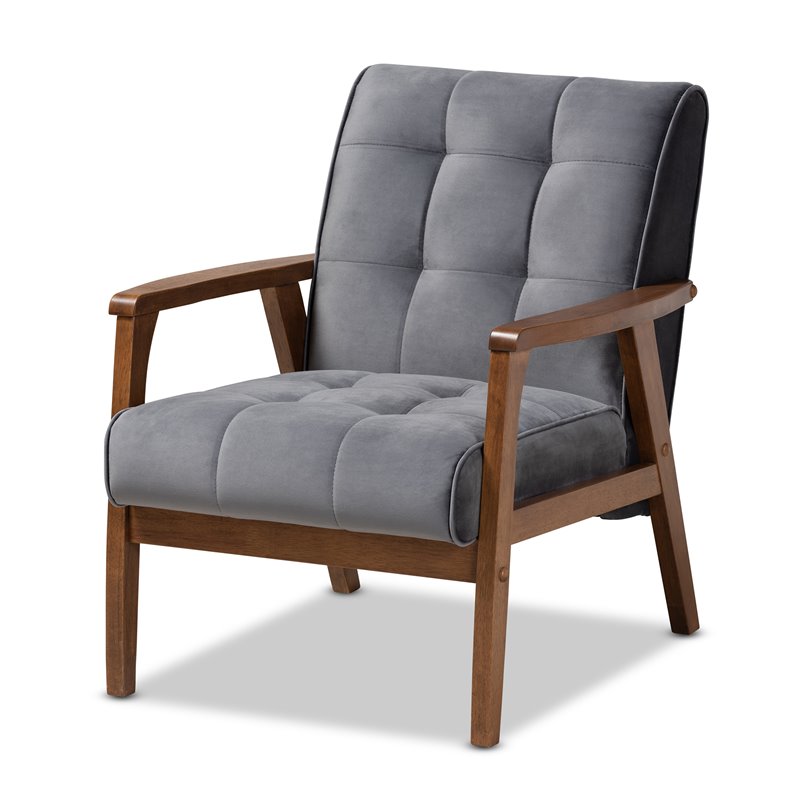 Bowery Hill Grey Velvet Upholstered Walnut Wood Armchair