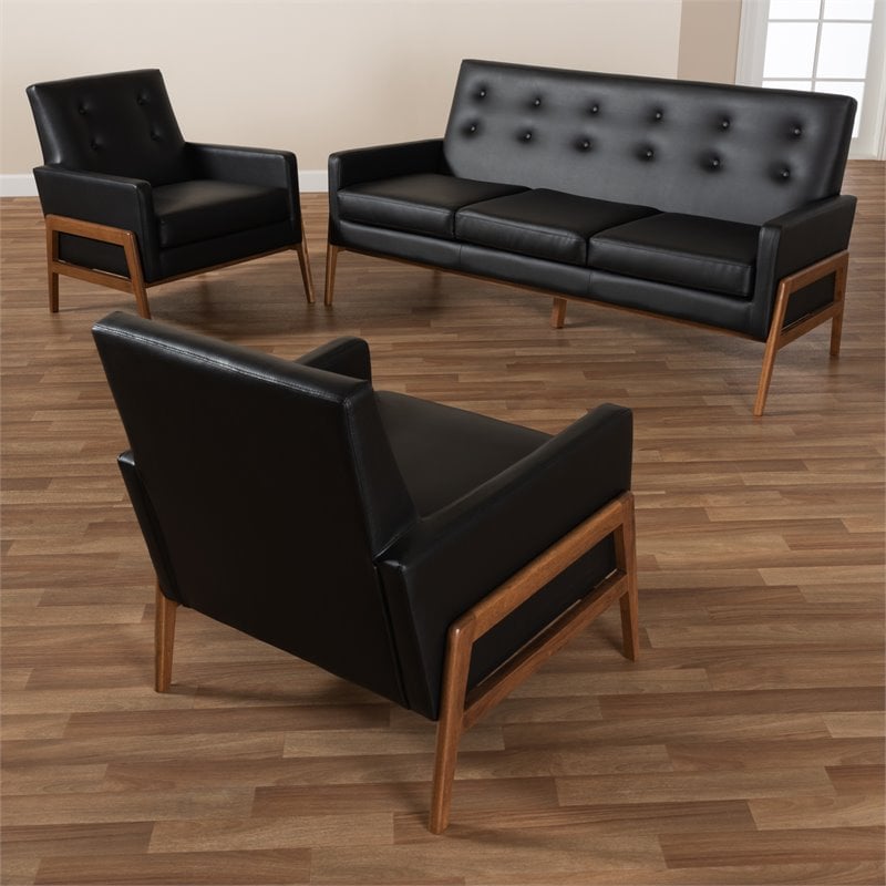 Bowery Hill Black Upholstered Wood 3-Piece Living Room Set