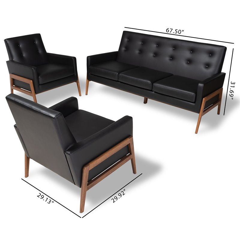 Bowery Hill Black Upholstered Wood 3-Piece Living Room Set
