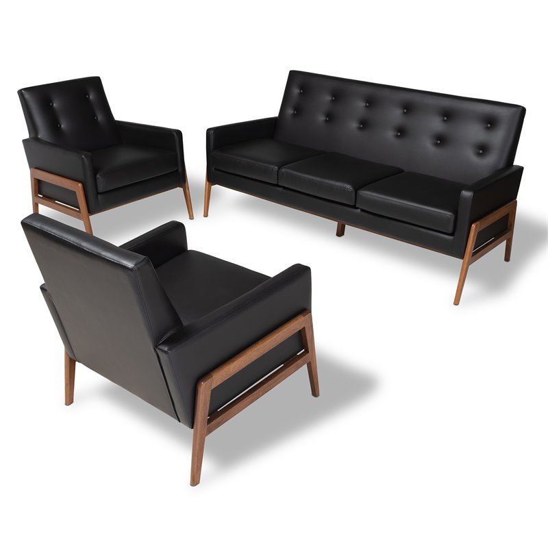 Bowery Hill Black Upholstered Wood 3-Piece Living Room Set