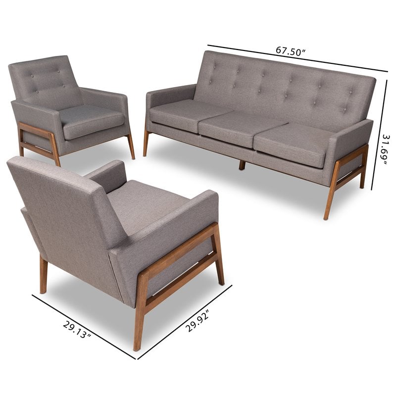 Bowery Hill Light Grey Upholstered 3-Piece Living Room Set