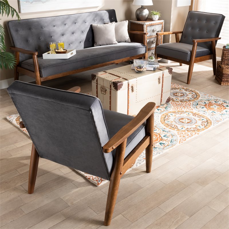Bowery Hill Grey Velvet Upholstered 3-Piece Living Room Set