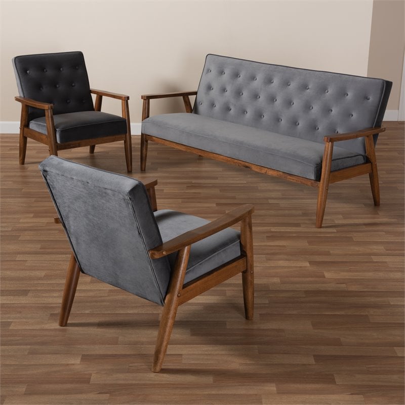 Bowery Hill Grey Velvet Upholstered 3-Piece Living Room Set
