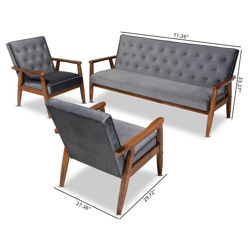 Bowery Hill Grey Velvet Upholstered 3-Piece Living Room Set