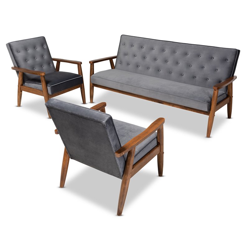 Bowery Hill Grey Velvet Upholstered 3-Piece Living Room Set
