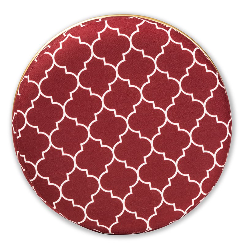 Bowery Hill Red Quatrefoil Velvet Upholstered Metal Ottoman