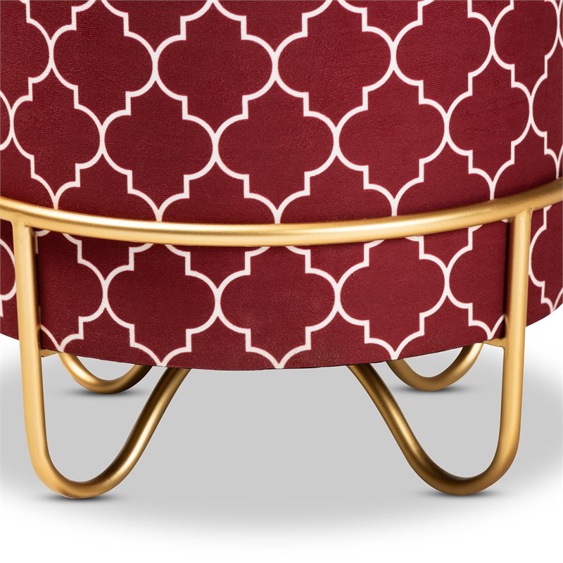 Bowery Hill Red Quatrefoil Velvet Upholstered Metal Ottoman