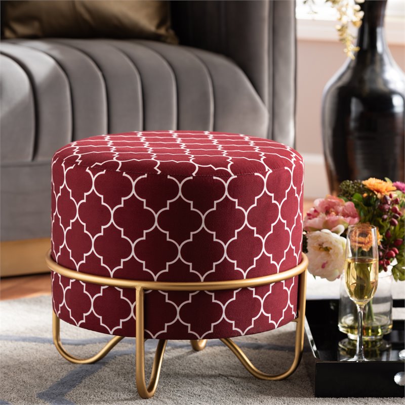 Bowery Hill Red Quatrefoil Velvet Upholstered Metal Ottoman
