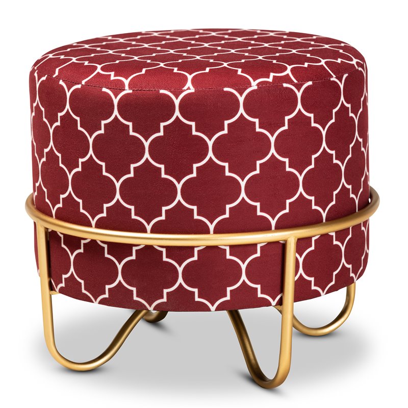 Bowery Hill Red Quatrefoil Velvet Upholstered Metal Ottoman