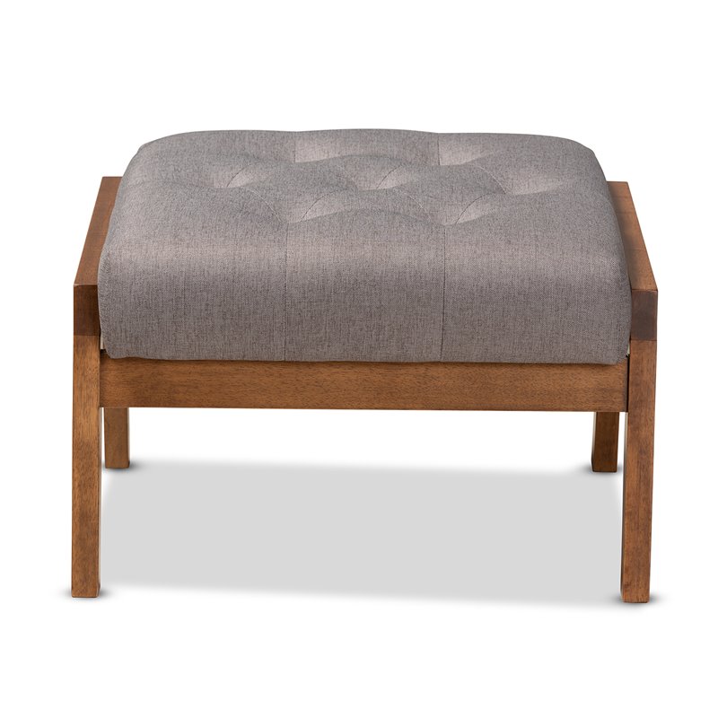 Bowery Hill Mid-Century Grey Upholstered Walnut Finished Wood Footstool