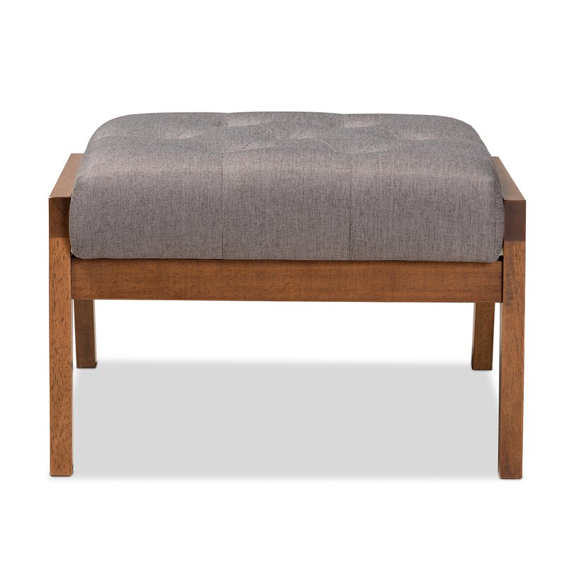 Bowery Hill Mid-Century Grey Upholstered Walnut Finished Wood Footstool