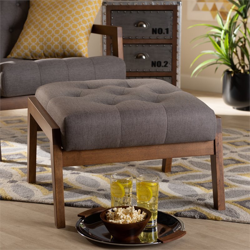 Bowery Hill Mid-Century Grey Upholstered Walnut Finished Wood Footstool