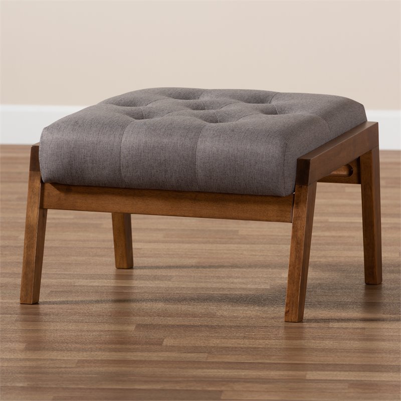 Bowery Hill Mid-Century Grey Upholstered Walnut Finished Wood Footstool