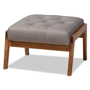 Bowery Hill Mid-Century Grey Upholstered Walnut Finished Wood Footstool